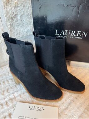 Lauren Ralph Lauren Black Suede Chelsea Ankle Boots with Tan Heel